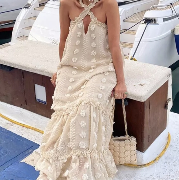 NWT BOHEMIAN BEACH VACATION RESORT LONG POM POM MAXI DRESS SIZE: SMALL-LARGE - Picture 14 of 16